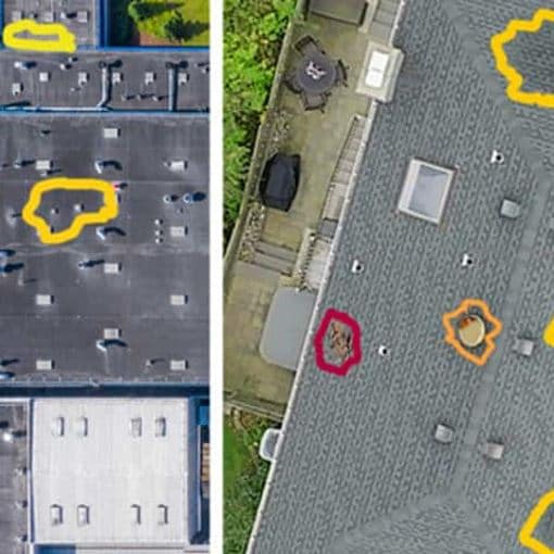 Aerial images of roofs with highlighted areas of concern on GAF QuickSite roof reports