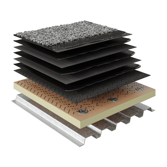 Layered 3D cutaway diagram of a Built-Up Roofing assembly showing insulation, alternating felt plies, and aggregate surfacing.