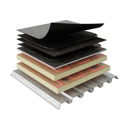 Commercial roofing material layers in SBS Modified Bitumen Hot-Mopped Systems