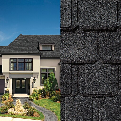 A split image showing a house with a roof built with GAF’s Camelot II Charcoal shingles on the left and a close-up of those shingles on the right. 