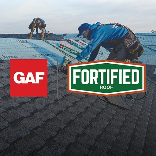 The GAF logo and the Fortified Roof logo are displayed above two contractors working to install new shingles on a roof over a blue underlayment.
