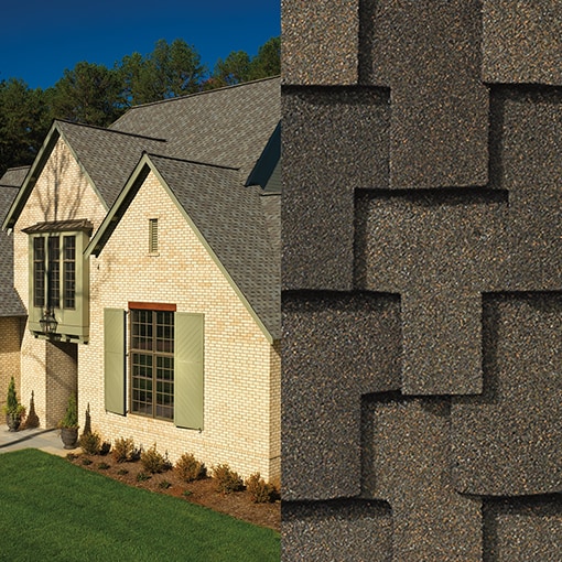A magnified view of Grand Sequoia Weathered Wood shingles on the right and a roof built with those shingles on the left. 
