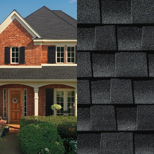 A magnified view of Timberline AS II  Charcoal shingles on the right and a roof built with those shingles on the left. 