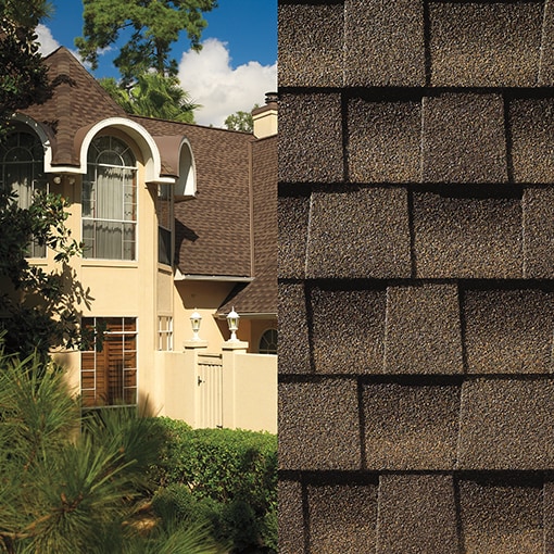 A magnified view of Timberline AS II Barkwood shingles on the right and a roof built with those shingles on the left.