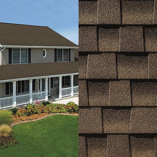 A split image showing a close-up of Timberline NS Barkwood shingles on one side and an exterior shot of a house with the same shingles covering its roof on the other.