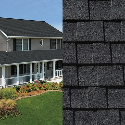 A split image showing a close-up of Timberline NS Charcoal shingles on one side and an exterior shot of a house with the same shingles covering its roof on the other.