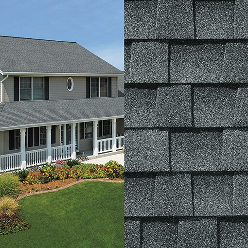 A split image showing a close-up of Timberline NS Pewter Gray shingles on one side and an exterior shot of a house with the same shingles covering its roof on the other.