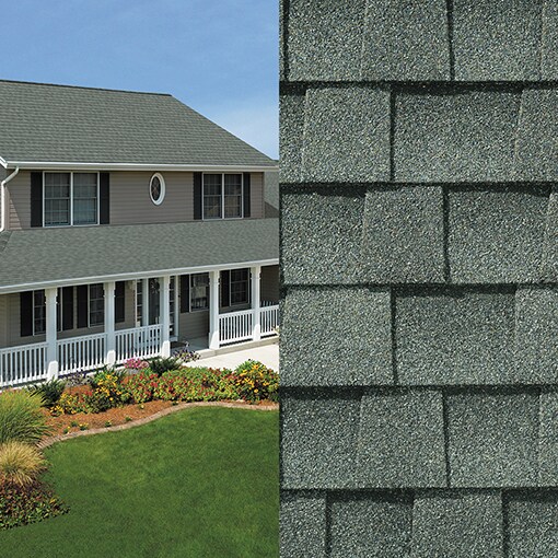 A split image showing a close-up of Timberline NS Slate shingles on one side and an exterior shot of a house with the same shingles covering its roof on the other. 