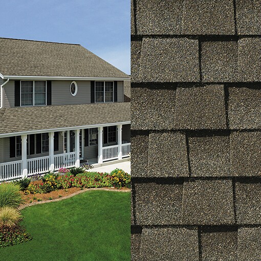 A split image showing a close-up of Timberline NS Weathered Wood shingles on one side and an exterior shot of a house with the same shingles covering its roof on the other.