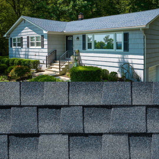 GAF Timberline HDZ® Biscayne Blue Shingle closeup with sample product image on a gray house.