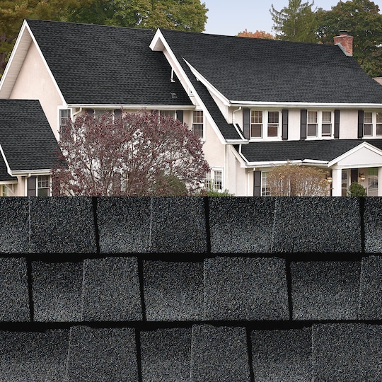 GAF Timberline HDZ® Charcoal Shingle closeup with sample product image on a white house.