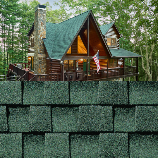 GAF Timberline HDZ® Hunter Green Shingle closeup with sample product image on a log house.