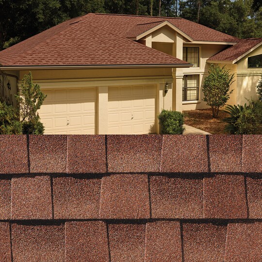 GAF Timberline HDZ® Sunset Brick Shingle closeup with sample product image on a beige house.