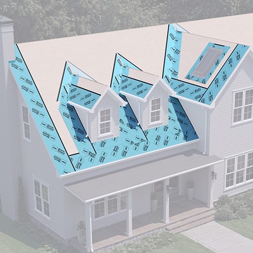 A house with multiple dormers and valleys is shown with GAF Storm Guard installed.