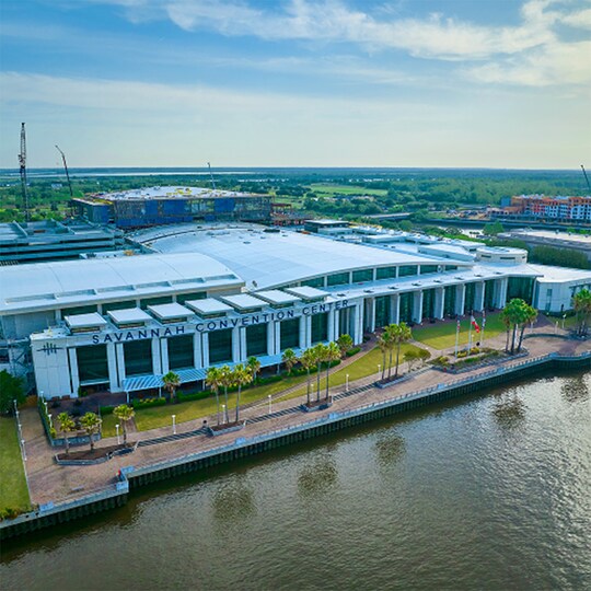 An aerial photo of the Savannah Convention Center.