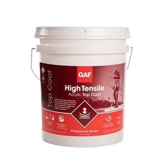 Bucket of GAF High‑Tensile Acrylic Top Coat.