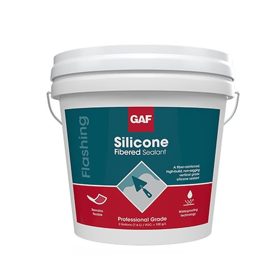 Bucket of GAF Silicone Fibered Sealant.