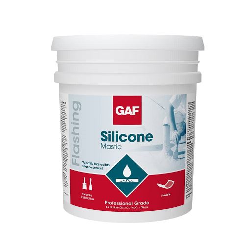 A container of GAF Silicone Mastic sealant, professional grade.