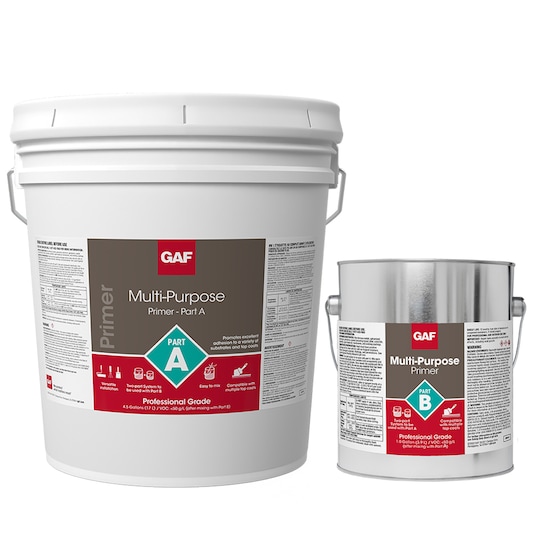 Two buckets of GAF Mult-purpose primer parts A and B