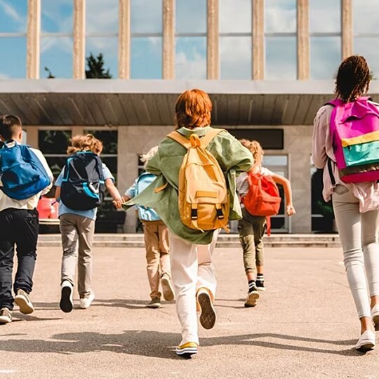 Children walking into school building for classes.