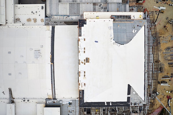 Aerial image of flat roof with GAF PVC roofing membranes