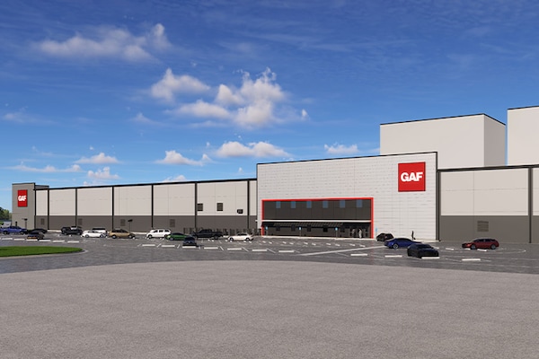 Architectural rendering of the modern GAF shingle manufacturing facility in Newton, Kansas.