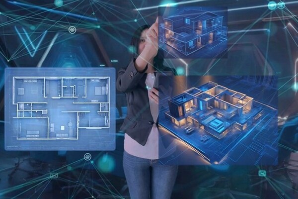 A woman uses AI technology to design a house.
