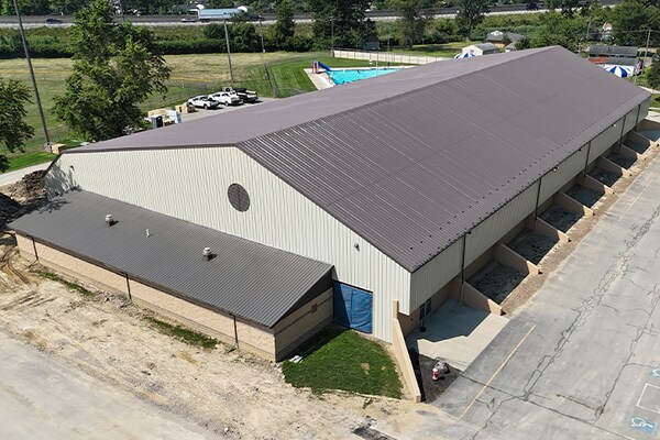 Side view of the new roof coating system from GAF that restored the roof of the North Park Ice Arena in Ohio