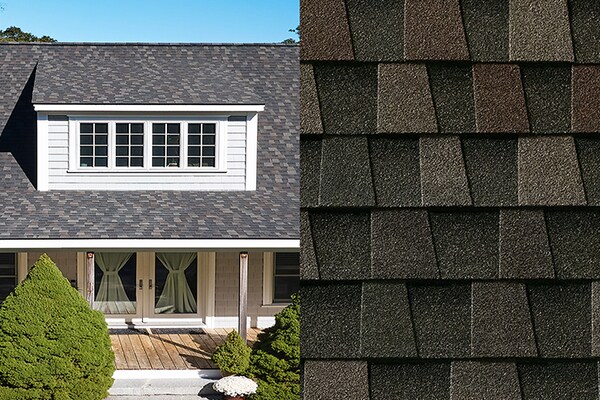 A detailed close-up of Timberline HDZ Midnight Mesa shingles placed next to a bird’s eye view of a roof built with those shingles.