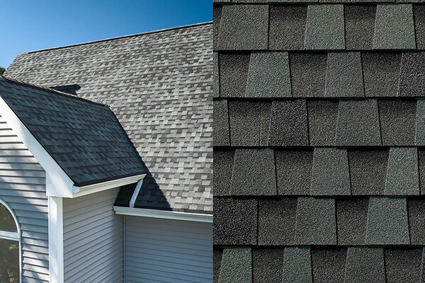 A detailed close-up of Timberline HDZ Cliffside shingles placed next to a bird’s eye view of a roof built with those shingles.