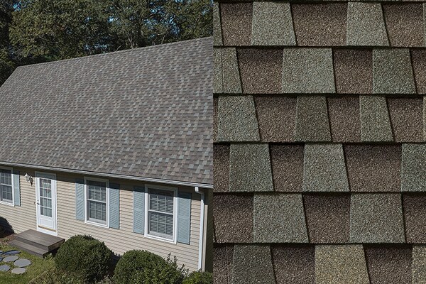 A detailed close-up of Timberline HDZ Cliffside shingles placed next to a bird’s eye view of a roof built with those shingles.