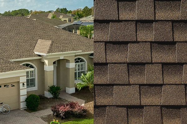 A close-up photo of Timberline HDZ Barkwood shingles placed next to a stucco house built with those shingles on its roof. 