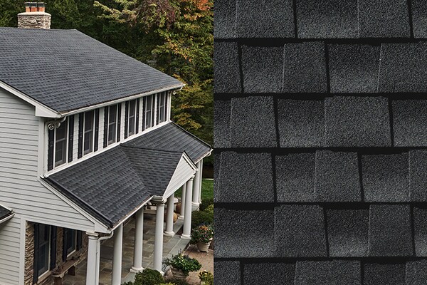 A close-up photo of Timberline HDZ Charcoal shingles placed next to a house built with those shingles on its roof. 