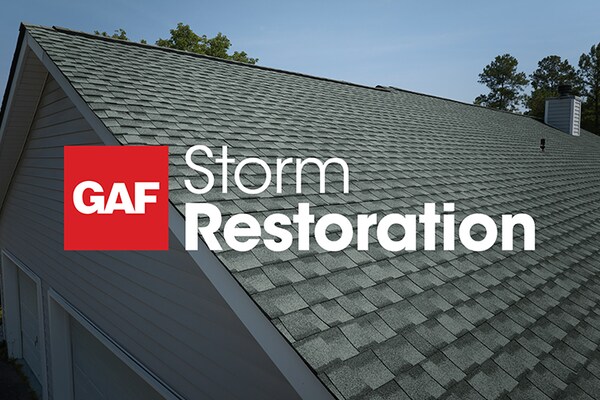 The image displays the GAF Storm Restoration logo overlaid on a close-up of a shingled roof.