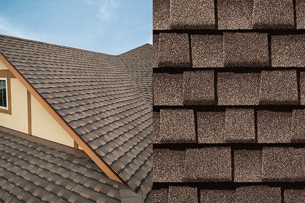 A split image showing a close-up of Timberline UHDZ Barkwood shingles on the right side side and a view of a house with the same shingles covering its roof on the left side. 