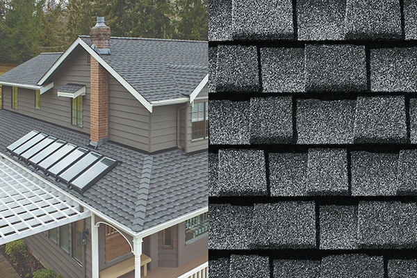 A split image showing a close-up of Timberline UHDZ Pewter Gray shingles on the right side side and a view of a house with the same shingles covering its roof on the left side.