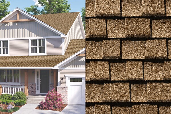 A split image showing a close-up of Timberline UHDZ Shakewood shingles on the right side side and a view of a house with the same shingles covering its roof on the left side. 