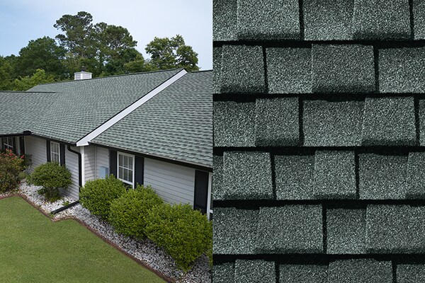 A split image showing a close-up of Timberline UHDZ Slate shingles on the right side side and a view of a house with the same shingles covering its roof on the left side.