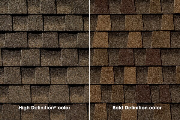 A side-by-side comparison of Timberline HDZ Shingles demonstrates the difference in depth and contrast between a light brown "High Definition color" swatch and a multi-tonal brown "Bold Definition color" swatch.