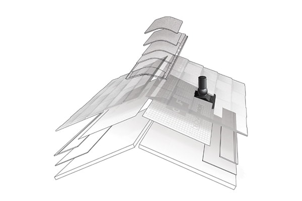 An exploded-view diagram illustrates the various layers of a roofing system.