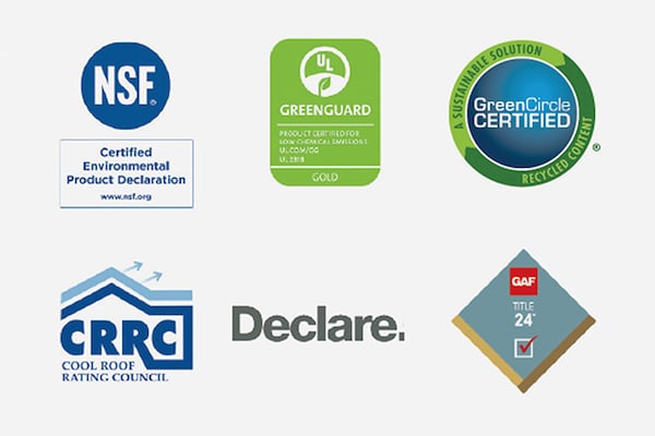Sustainable design logos: Environmental Product Declaration, GREENGUARD, GreenCircle Certified, CRRC Cool Roof Rating Council, Declare and GAF Title 24.