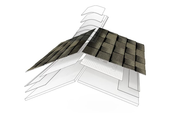 Parts of GAF roof system with shingles highlighted