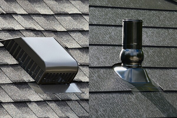 Side-by-side images of a louver vent product and a roof vent pipe flashing accessory, both from GAF.