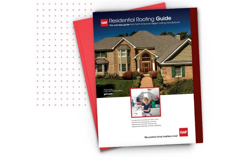 Thumbnail image of GAF's residential roofing guide PDF over a white background