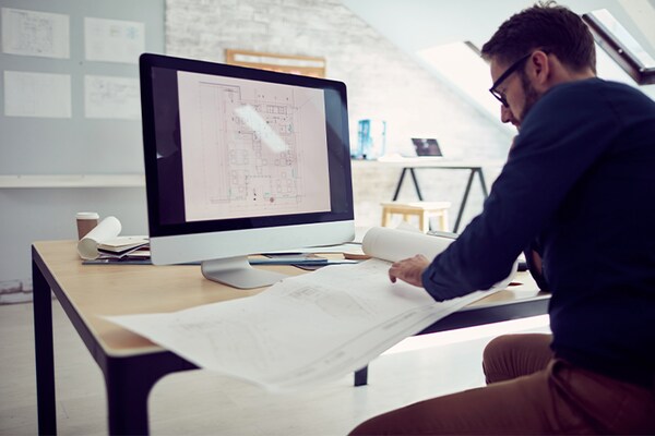 Architect accessing a DXF file from a GAF QuickMeasure report on a touch screen