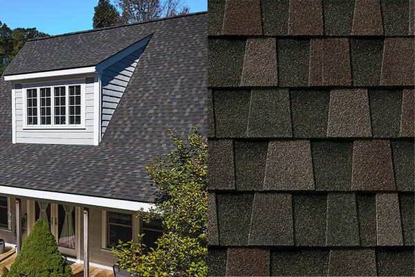 Side view of a house newly installed with Timberline HDZ shingles next to a closeup of the brown shingles uses.