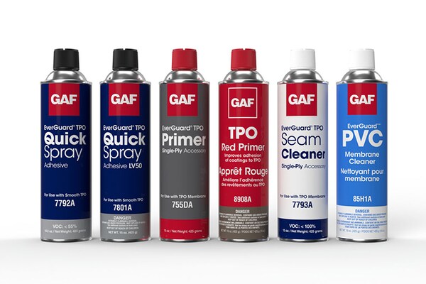 Product shot of four GAF roof maintenance and repair products products: 𠊎verGuard® TPO Quick Spray Adhesive - LV50, EverGuard® TPO Quick-Spray Adhesive, EverGuard® TPO Seam Cleaner and EverGuard® TPO Primer.