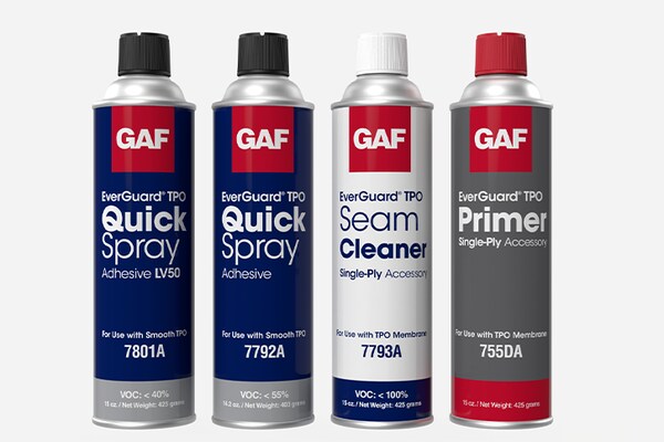 Product shot of four GAF roof maintenance and repair products products: 𠊎verGuard® TPO Quick Spray Adhesive - LV50, EverGuard® TPO Quick-Spray Adhesive, EverGuard® TPO Seam Cleaner and EverGuard® TPO Primer.