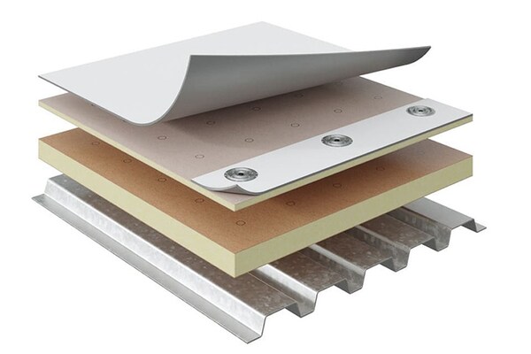 A layered illustration of a TPO roofing system
