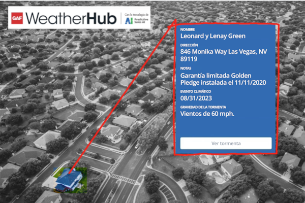 Map of neighborhood showing GAF WeatherHub advanced roof warranty information